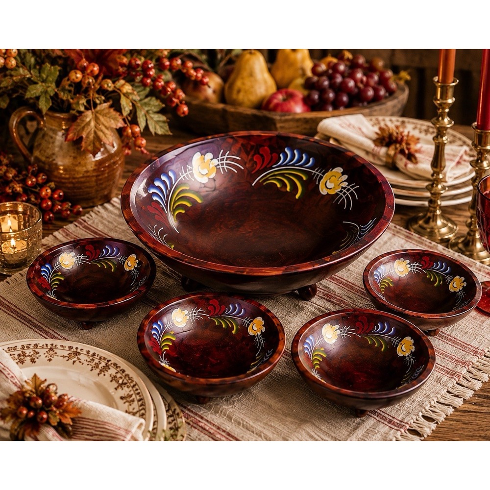 Vintage Woodcraftery Hand Painted Wood Salad Bowl Set Folk Art 5 Piece
